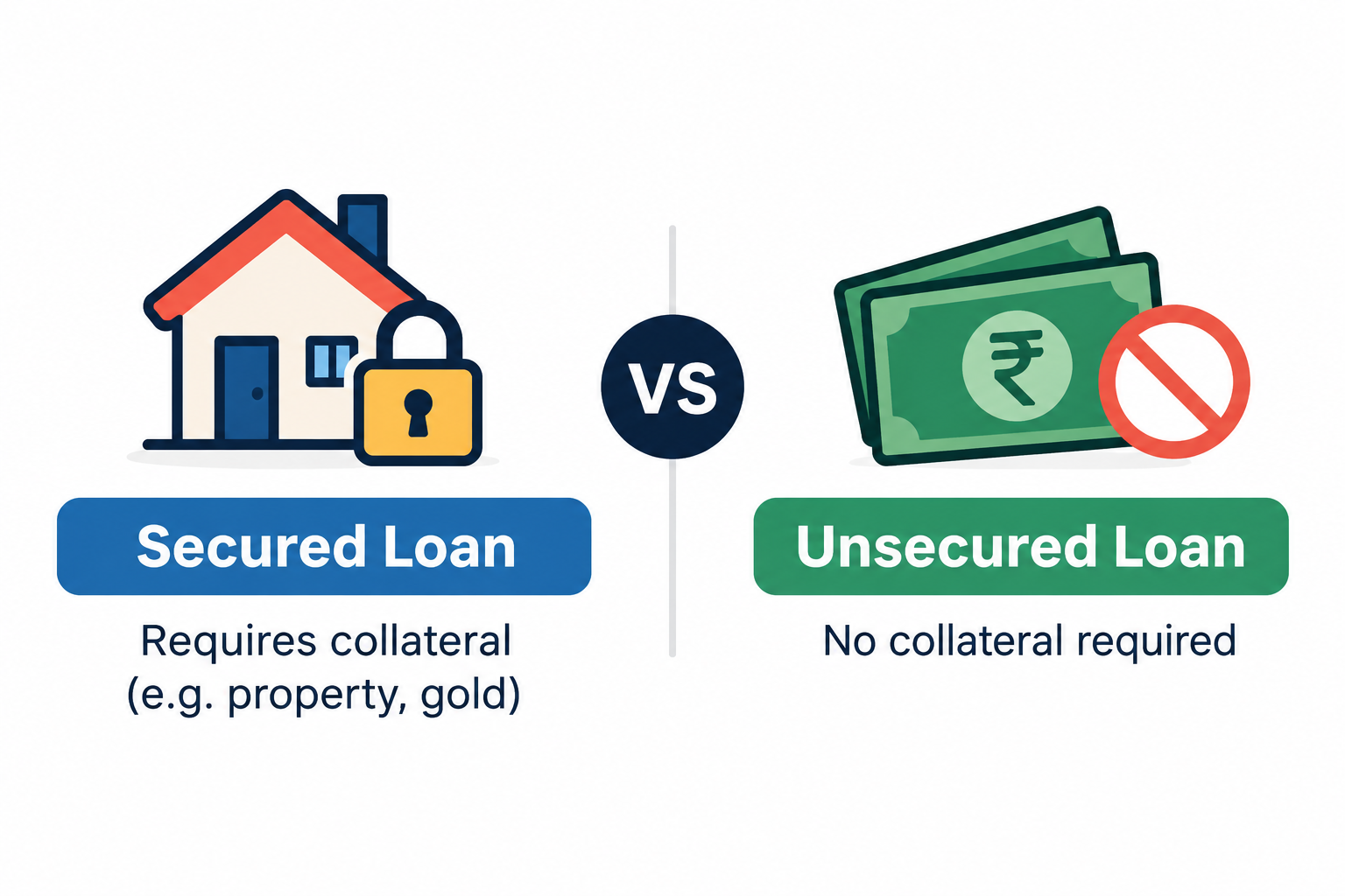 Secured vs unsecured loan comparison showing collateral requirements, interest rates, and borrowing options in India.